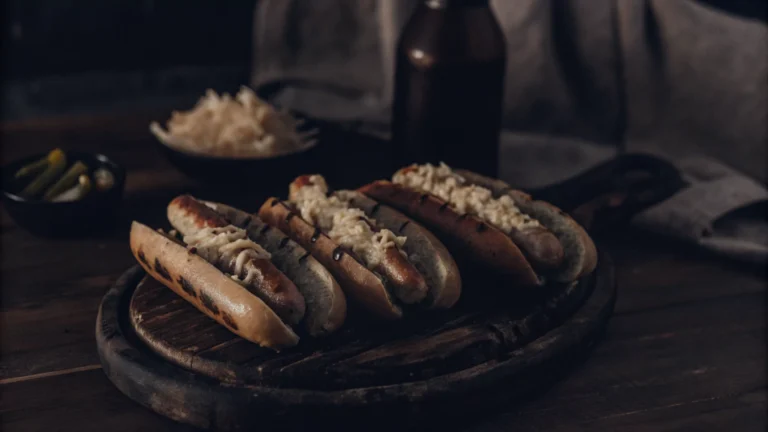 Classic Grilled Bratwurst with Sauerkraut and Mustard, served on a rustic wooden platter. Golden-brown bratwurst sausages in toasted buns, topped with tangy sauerkraut and drizzled with spicy mustard, styled with chopped onions and pickles. Perfect for a summer barbecue or cozy meal.