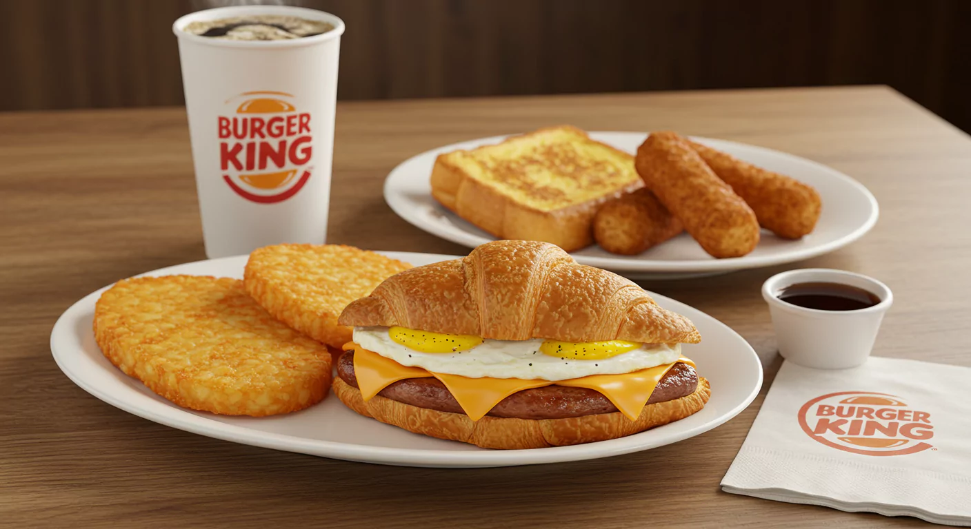 A delicious Burger King breakfast spread featuring a Sausage, Egg & Cheese Croissan’wich, crispy Hash Browns, French Toast Sticks with syrup, and a steaming cup of BK® Coffee, arranged on a rustic wooden table with warm lighting.