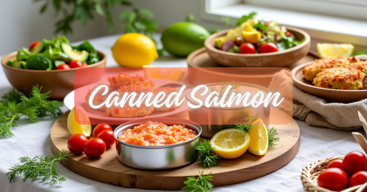 A wooden board featuring cans of pink salmon surrounded by fresh ingredients like lemons, dill, cherry tomatoes, and a bowl of creamy salmon pasta. Crispy salmon cakes are placed nearby, showcasing the versatility of canned salmon.