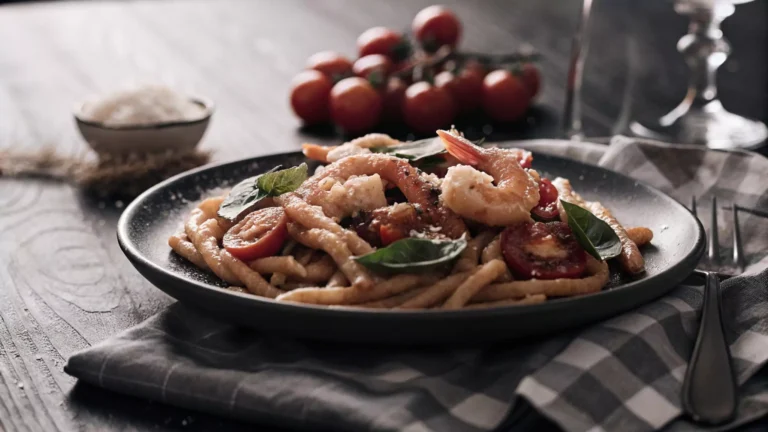 Strozzapreti pasta with jumbo shrimp in a rich tomato-basil sauce, garnished with fresh basil and Parmesan cheese, served on a rustic wooden table in an Italian kitchen setting.