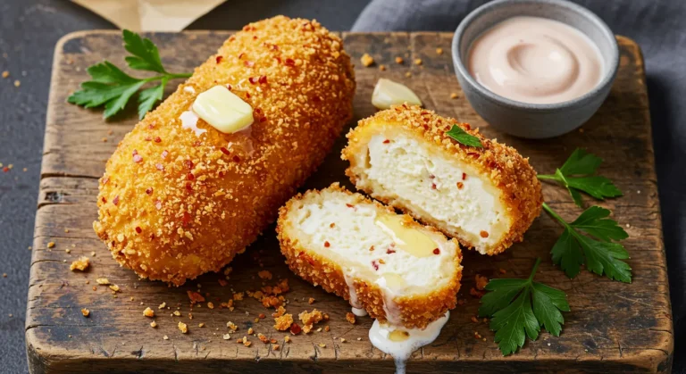 Golden-brown fried chicken ice cream with parsley garnish and Yaz sauce on a wooden board.