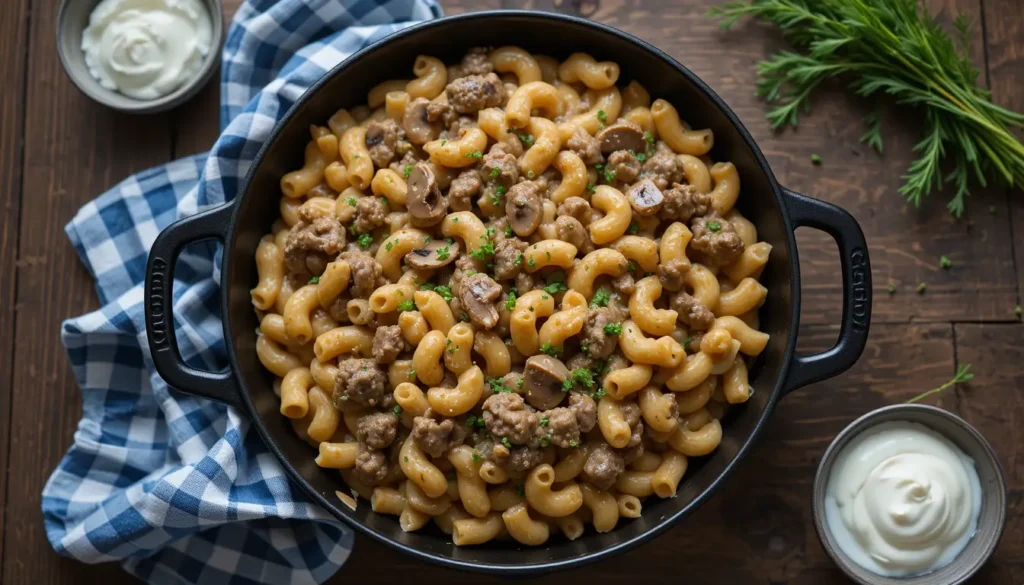 Top-down view of Hamburger Helper Beef Stroganoff.