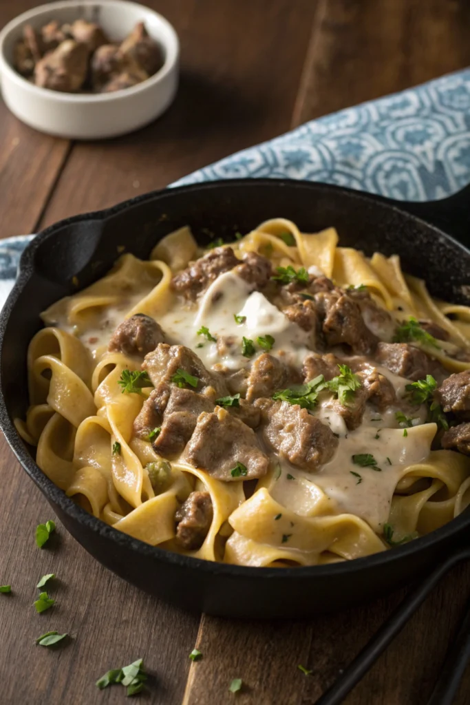 Angled view of Hamburger Helper Beef Stroganoff in a cast-iron skillet showing sauce depth.