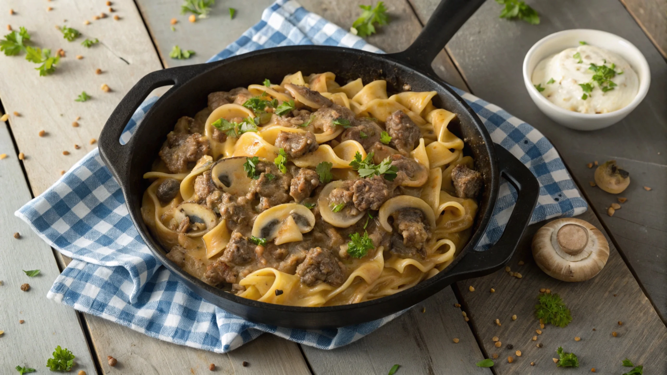 Top-down view of Hamburger Helper Beef Stroganoff in a cast-iron skillet with parsley garnish.