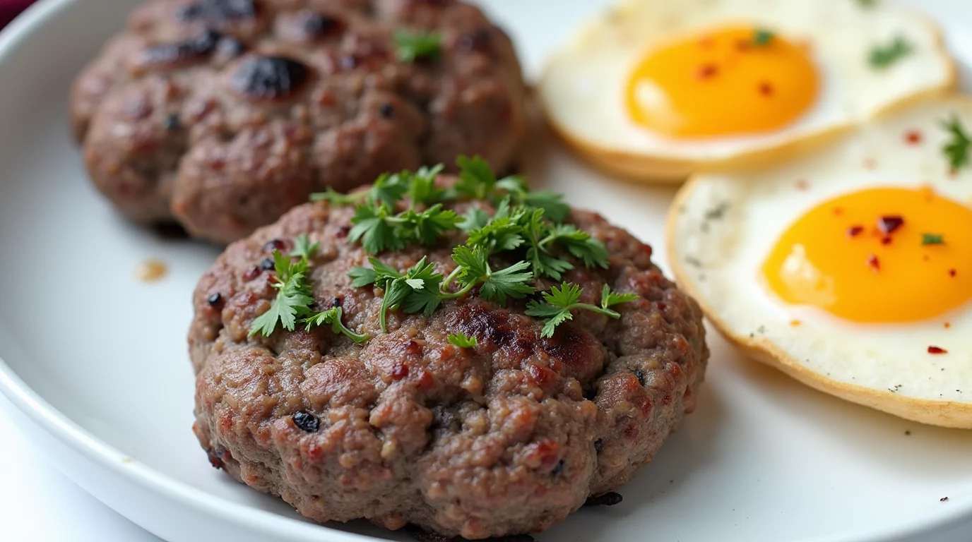 Golden-brown homemade beef sausages on a rustic wooden cutting board, paired with toasted baguette slices, fresh herbs, and tangy mustard for dipping. Steam rises gently from the sausages, highlighting their savory appeal.