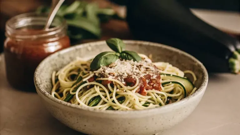 Delicious low-carb pasta dish featuring zucchini noodles with marinara sauce, garnished with fresh basil and Parmesan cheese.